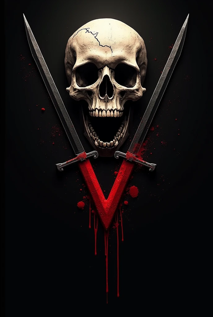 Make an almost realistic logo of a skull with an open mouth and tiny cracks that have blood stains around it. Have 2 straight black swords cross each other completely forming a V, then to the black background and a red V with realistic blood dripping into it forming a V for vendetta