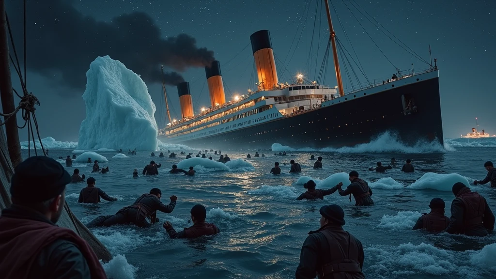 A captivating, dramatic and intense cinematic scene that represents the sinking of a large ocean liner, the Titanic, in icy waters with pieces of isiberg under a dark, starry night sky. The ship is shown at a steep angle, with the stern raised and the bow submerged, emitting smoke from the funnels. In the foreground, countless people are seen submerged in freezing water, clinging to the rubble and each other. The individuals wear London clothing from 1914 and have varying facial features and skin tones, with expressions of fear and despair. A huge iceberg looms in the background, emphasizing the catastrophic event. The overall color palette is dark and cool, with deep blues and blacks dominating the scene, in contrast to the warm, bright lights of the ship.