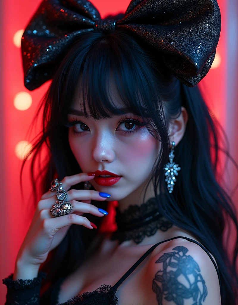 aa portrait of vampire with a bloody tear coming down from he eye, an exotic beautiful female vampire, dynamic hair color hair color, dynamic hair style, ultra detailed face, best detailed face, silver eye color, ((1single red teardrop: 1.3)), ((tear drop made from blood)), ((teardrop coming down from the eye: 1.3)), small cleavage, wearing two black diamond earrings, Ultra-high resolution, High Contrast, (masterpiece:1.5), highest quality, Best aesthetics), 16K fantasy art, best details, best quality, highres, (ultra wide angle: 1.2), 16k, [ultra detailed], masterpiece, best quality, (extremely detailed), ladyshadow, magical sky, crying style, vampire teeth