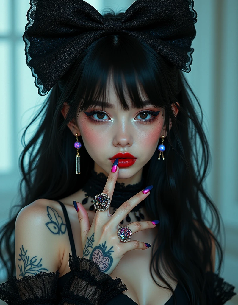 ภาพfull body, Gothic Lori Girl, Standing, black pupil, long hair, seductive red lips, Beauty Spot, Special accessories, large earrings, Modern lace clothing, Black skirt dress, Super sparkly nail art, ring, Wear a big hair bow, The girl has a tattoo, Unique character design style, Full of hidden details, front, Bright colors, Glittering powder, shine, Light perception, beam, glow, light and shadow, Very meticulous, high resolution, Overflowing with sparkle, neon bright colors, full body, The picture is, graffiti, Show off your coolness, cyberpunk style, Small scenes, realism, Sparks, abstract, illustration, Highly detailed, UHD in high-realistic photo style   