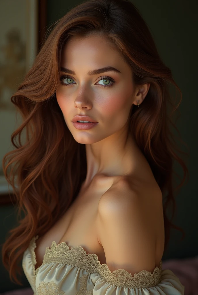 "Elegant woman with brune hair, green eyes, and a seductive gaze."