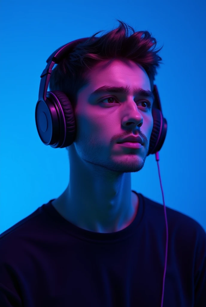 Young man with headphones on blue background ,roxo e preto