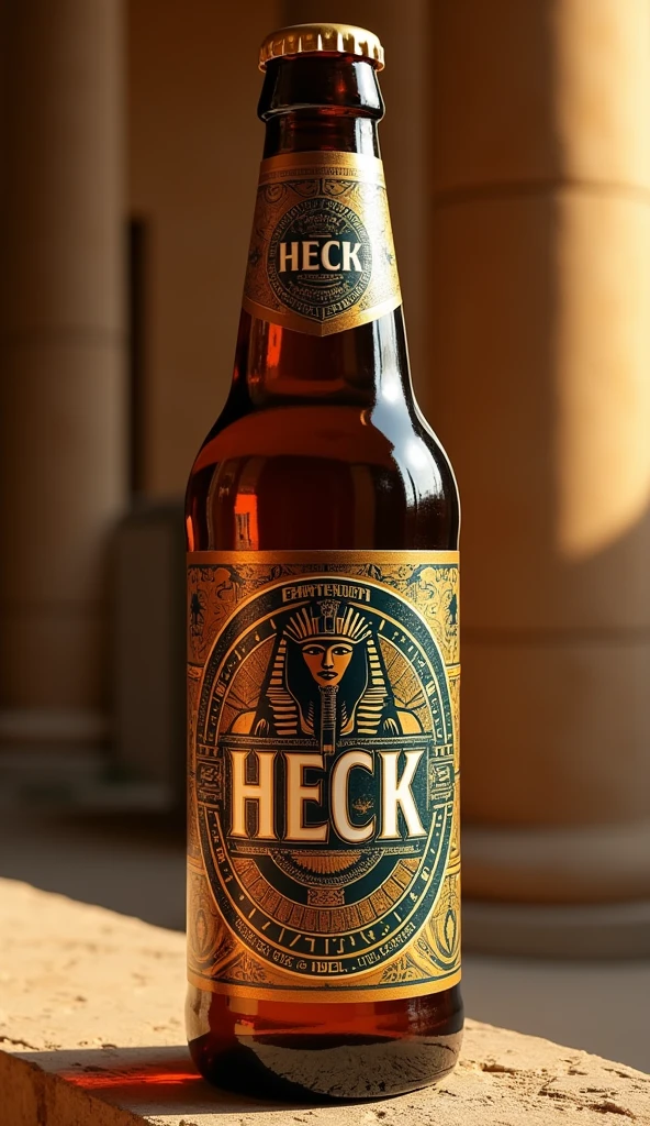 Egyptian themed beer bottle with the name "HECK"