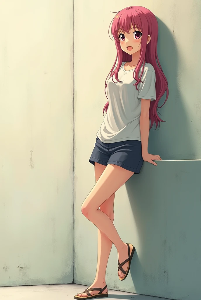 Anime girl leaning against a wall with her legs crossed to the left