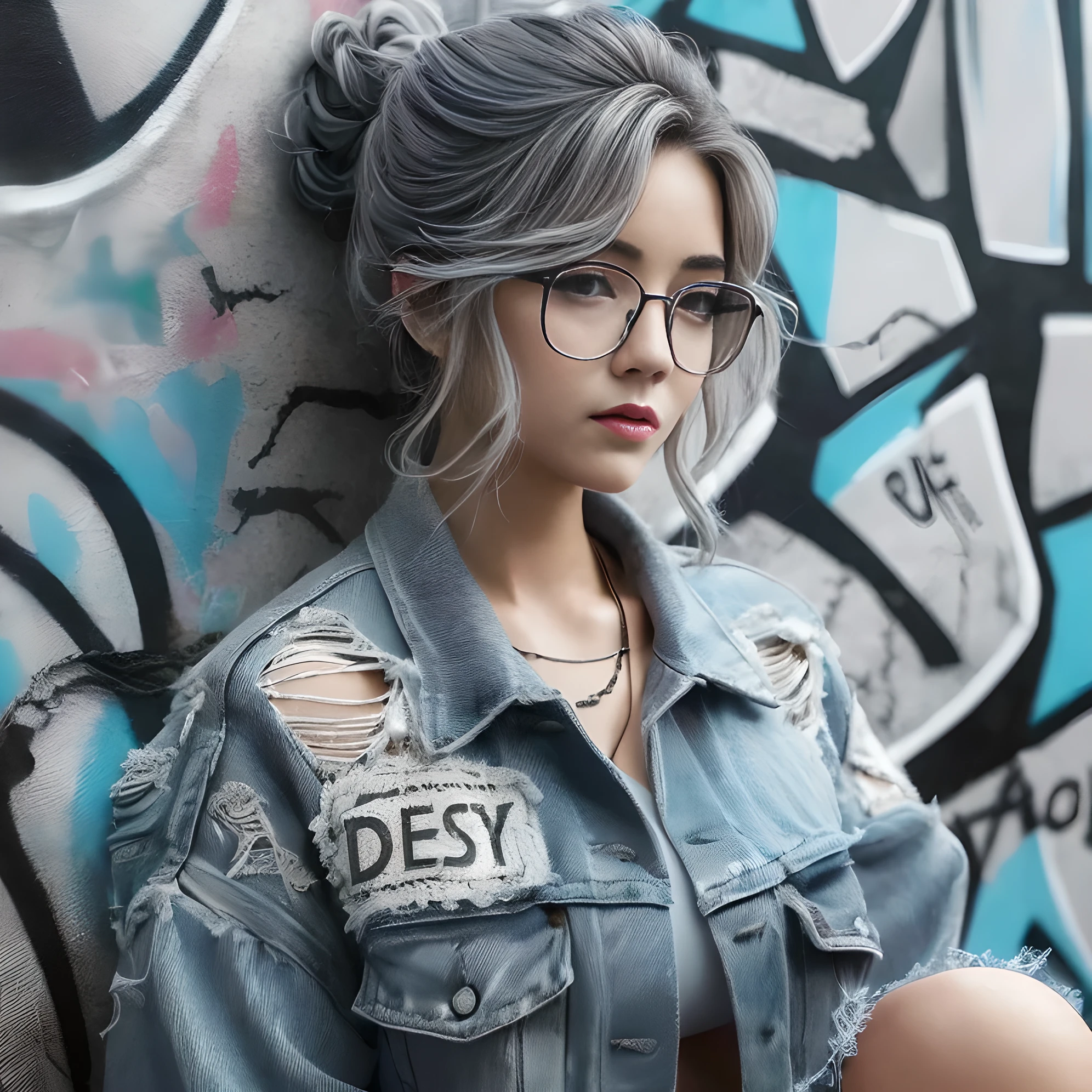 1girl, solo, ((hyper realistic)) ((big breasts:1.4)) (photorealistic:1.4),beautiful detailed eyes and face,((grey hair:1.2)) Wearing glasses