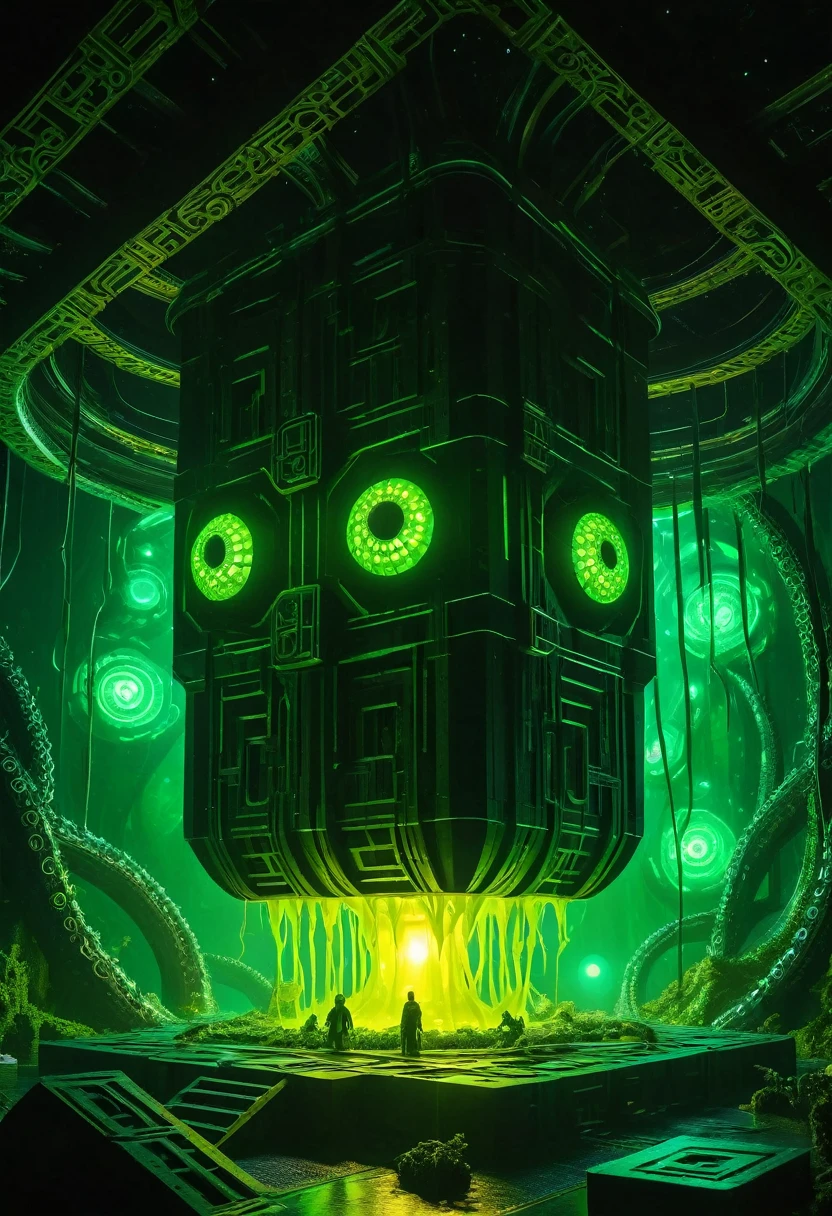 A gigantic floating cuboid structure with dark, twisting tentacles, radiating an intense green light from the circular patterns and eyes with illuminated symbols embedded in their faces. The scene has a dark and futuristic atmosphere., with a greenish-yellow lighting that envelops the entire space, full of geometric shapes and blocks suspended in the air. Two tiny, zombified figures appear to be wandering in front of this monstrous entity., highlighting its colossal scale. The atmosphere is oppressive and mysterious., as if the place were a prison or a temple of some cosmic deity. The style is a combination of science fiction and cosmic horror, with intricate details and a sense of alien grandeur.