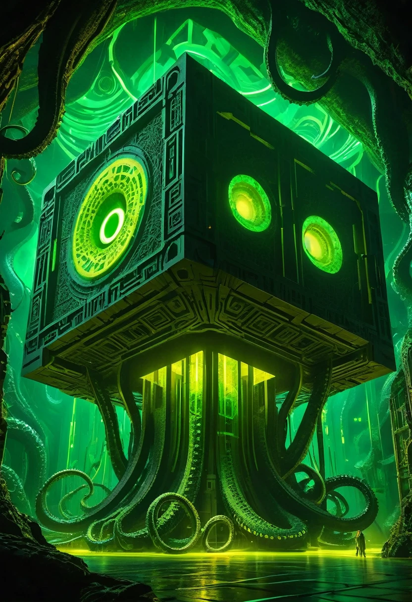 A gigantic floating cuboid structure with dark, twisting tentacles, radiating an intense green light from the circular patterns and eyes with illuminated symbols embedded in their faces. The scene has a dark and futuristic atmosphere., with a greenish-yellow lighting that envelops the entire space, full of geometric shapes and blocks suspended in the air. Two tiny, zombified figures appear to be wandering in front of this monstrous entity., highlighting its colossal scale. The atmosphere is oppressive and mysterious., as if the place were a prison or a temple of some cosmic deity. The style is a combination of science fiction and cosmic horror, with intricate details and a sense of alien grandeur.