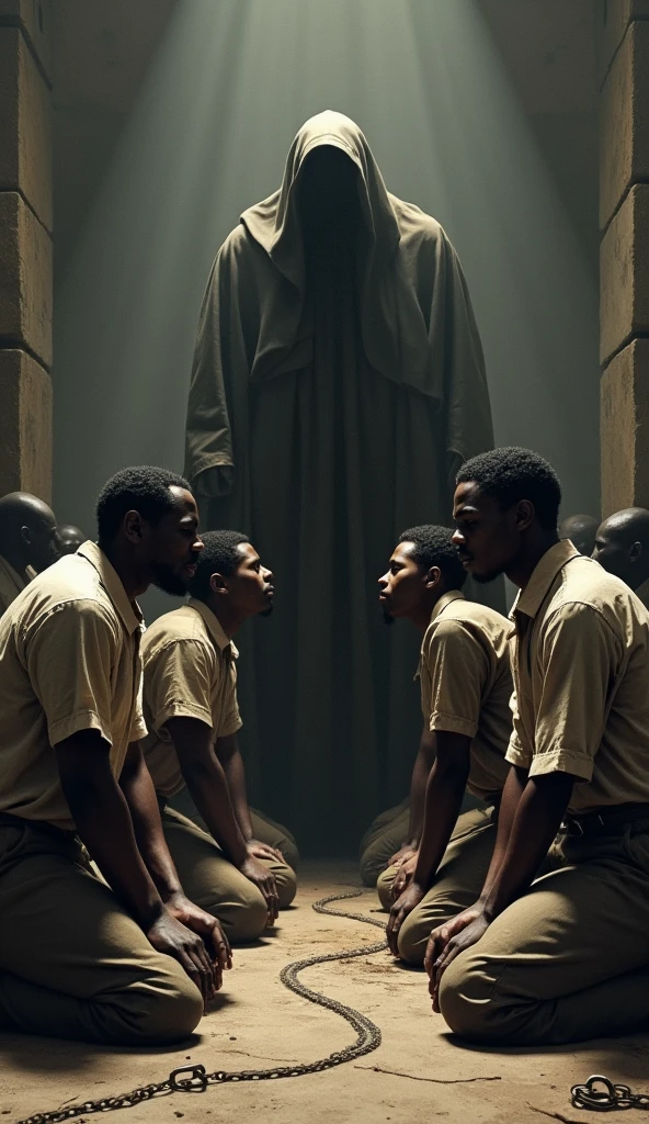 Slaves kneeling and looking up at their master