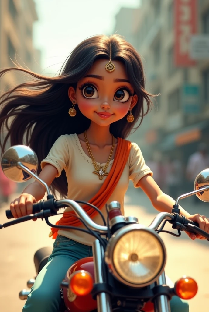 A cute indian girl have cute eye and lips and long hair rising in bike 