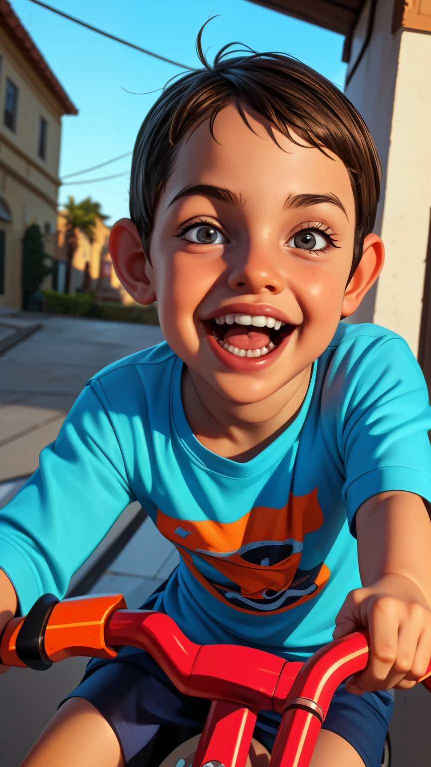 ((Close-up face)).Cartaz cinematográfico, GTA 5 Style. EMT ((a happy , 6yo), playing with a Orange bike , beautiful sunny day. highly detailed, detailed face, realistic, cinematic lighting, studio quality, professional, detailed face, intricate, vivid colors.