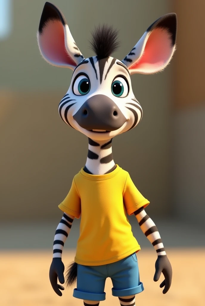Baby Zebra, Zootopia style, pixar animation, 3D rendering, high quality erotic digital art, photorealistic, e621, wears a yellow shirt and blue shorts,