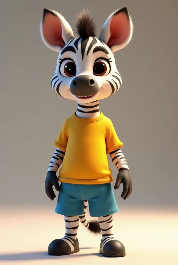 Baby Zebra, Zootopia style, pixar animation, 3D rendering, high quality erotic digital art, photorealistic, e621, wears a yellow shirt and blue shorts,