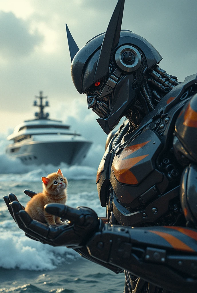 Megatron carries a kitten in his palm、Harsh seas、yacht、