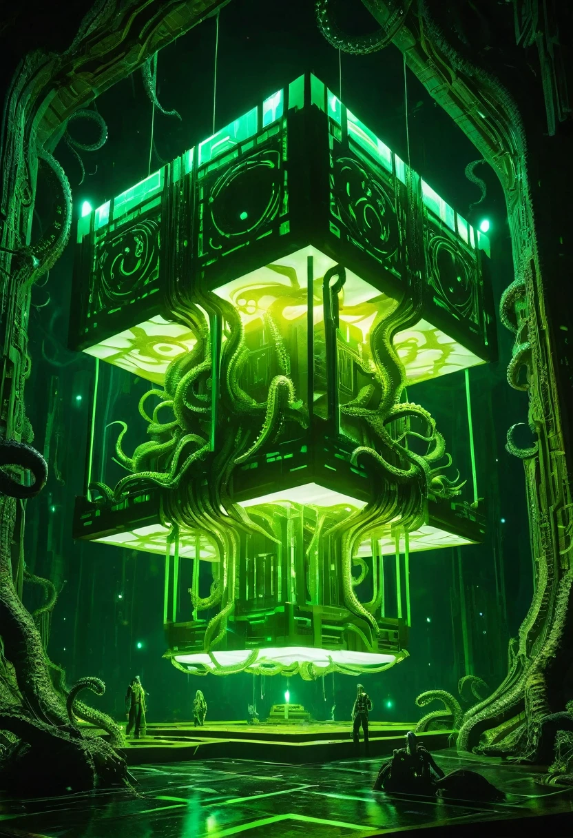 A gigantic floating cuboid structure with dark, twisting tentacles, radiating an intense green light from the circular patterns and eyes with illuminated symbols embedded in their faces. The scene has a dark and futuristic atmosphere., with a greenish-yellow lighting that envelops the entire space, full of geometric shapes and blocks suspended in the air. Two tiny, zombified figures appear to be wandering in front of this monstrous entity., highlighting its colossal scale. The atmosphere is oppressive and mysterious., as if the place were a prison or a temple of some cosmic deity. The style is a combination of science fiction and cosmic horror, with intricate details and a sense of alien grandeur.