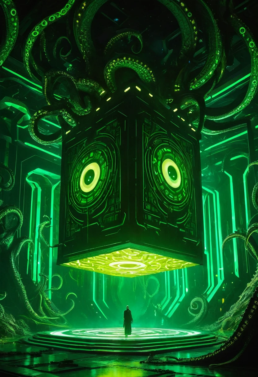 A gigantic floating cuboid structure with dark, twisting tentacles, radiating an intense green light from the circular patterns and eyes with illuminated symbols embedded in their faces. The scene has a dark and futuristic atmosphere., with a greenish-yellow lighting that envelops the entire space, full of geometric shapes and blocks suspended in the air. Two tiny, zombified figures appear to be wandering in front of this monstrous entity., highlighting its colossal scale. The atmosphere is oppressive and mysterious., as if the place were a prison or a temple of some cosmic deity. The style is a combination of science fiction and cosmic horror, with intricate details and a sense of alien grandeur.