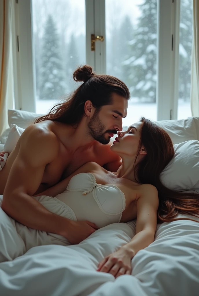 Create dynamically posed images, a couple sleeping in bed, a handsome man, Can Yaman, 20 year, long brown hair with bun, strong square chin, defined chin, thin thin mustache , strong muscular physique, Unclothed com o dick pau duro. He is sucking on a young woman&#39;s breast with his mouth., Kennedy Walsh, Caucasian skin, freckles, greyish blue eyes, very long brown silky hair with curtain style bangs, Unclothed. They are lying in a large white bed sleeping with window panes showing a pine forest falling snow