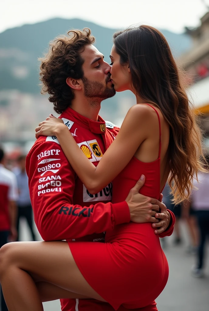 A picture of the driver Charles Leclerc after winning the Monaco race kissing a girl with long wavy chocolate brown hair wearing a short red summer dress, The couple looks very much in love and he is carrying her while kissing her 