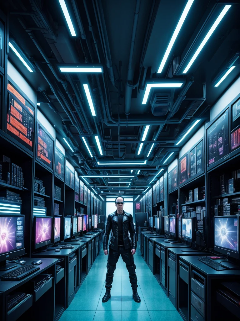 Create a matrix-style background like this Hacekr style that contains computers, visual effects that have the environment and that