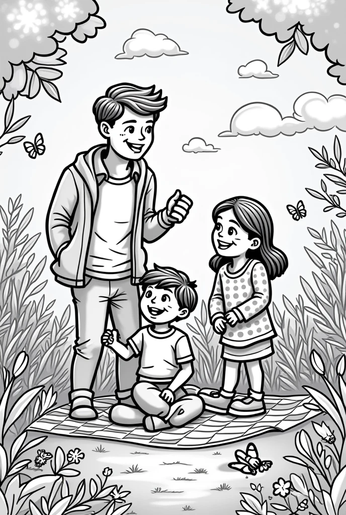 Create a very detailed family day coloring page for a family of 4 people