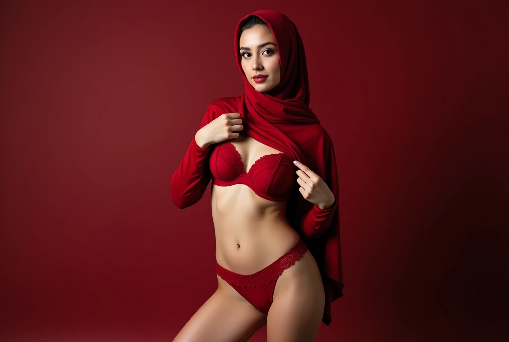 hijab red lingerie. Wearing purdah. Show tits. Nude. Realistic