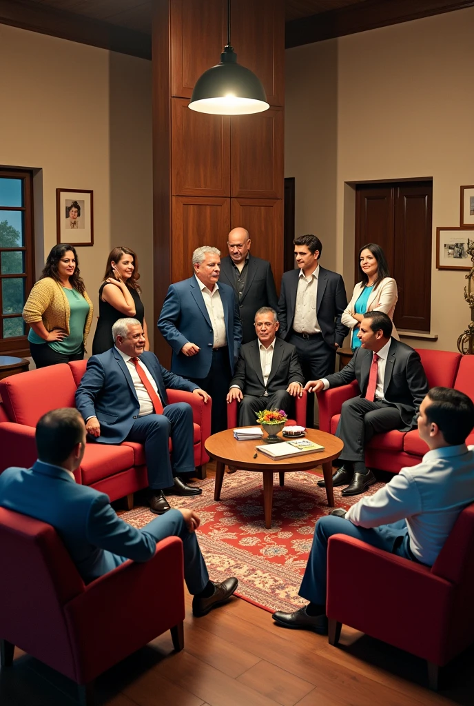 I want an image where these Michoacan politicians are gathered: LeoneLeonel Godoy, Raúl Moró, alfredo Bedolla, Lazaro Cardenas Batel, Fabiola Alanis, Giuliana Bugarini, Celeste Ascencio, Omega Vazquez, Marko Cortes, Felipe Calderon, German Martinez, Silvano Aureoles, Alfonso Martinez, Araceli Saucedo, Cocoa Calderón and Jimena Villicaña in the living room of the famous house, a common space in the residence of the reality show participants "The House of the Famous" mexico