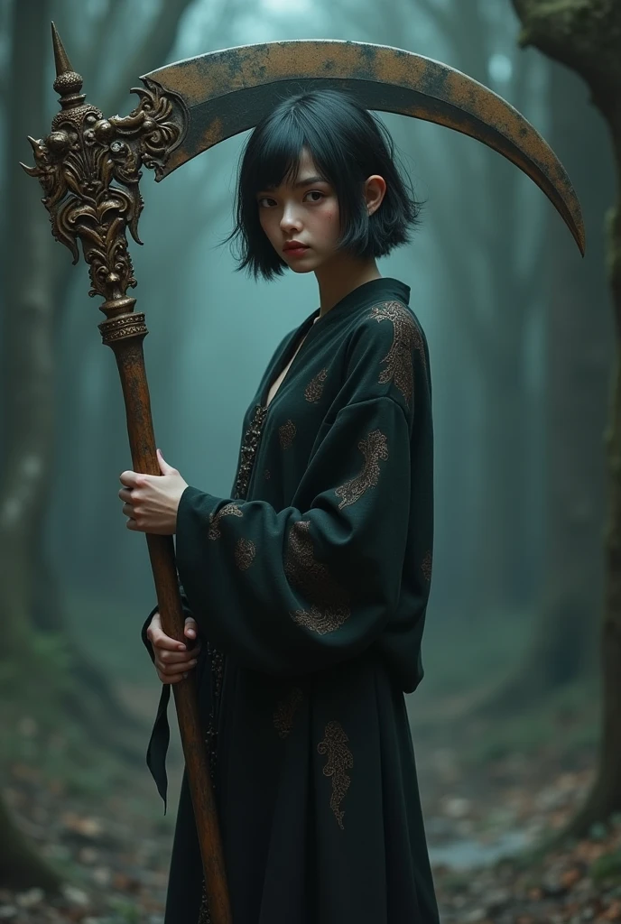 Woman 30 years old cute demon with short hair and big scythe as a weapon bigger clothes