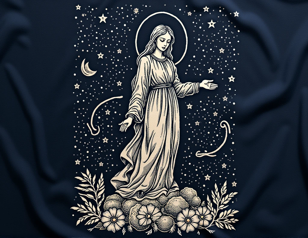 the virgin constellation on a t-shirt in a cross-stitch pattern