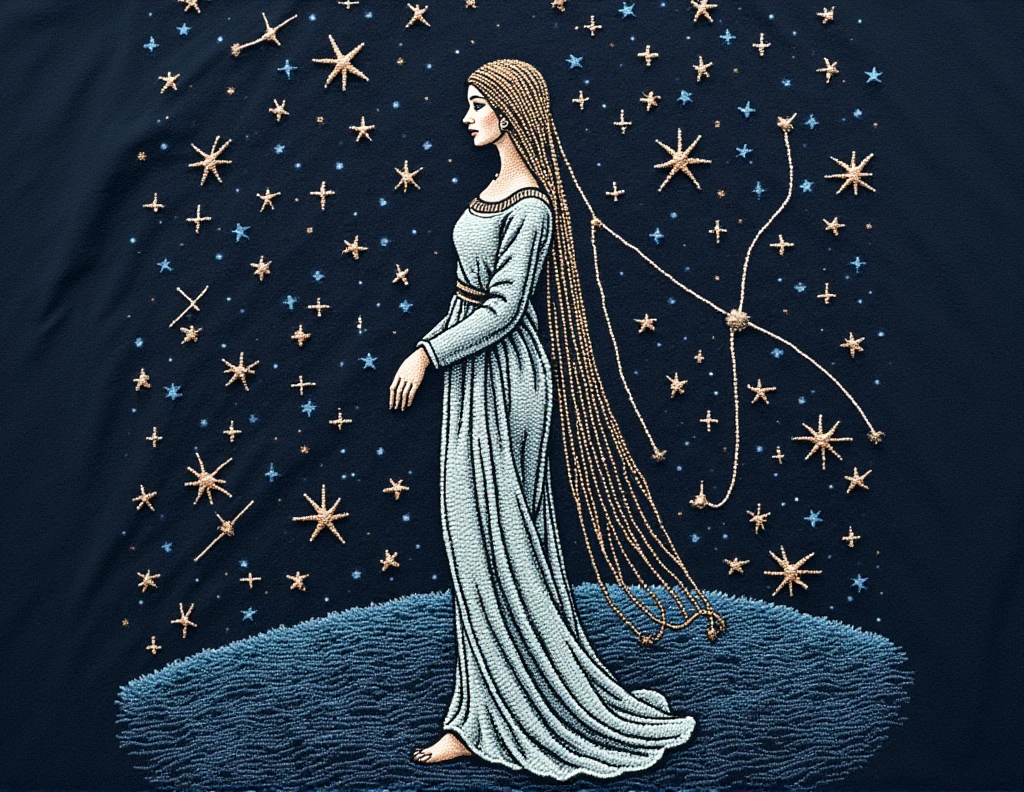 the virgin constellation on a t-shirt in a cross-stitch pattern