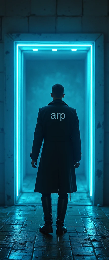 there is a man in an overcoat walking with his back to me, he is entering an interdimensional portal, he wears high boots, your coat is written "ARP" in back, He is tall, the portal has blue energy edges, He's in a harbor, the portal leads to a tiled room, noir style and investigation, he looks back over his shoulder, I see your silhouette, he has a pistol, there is a blue light watch on your wrist, 