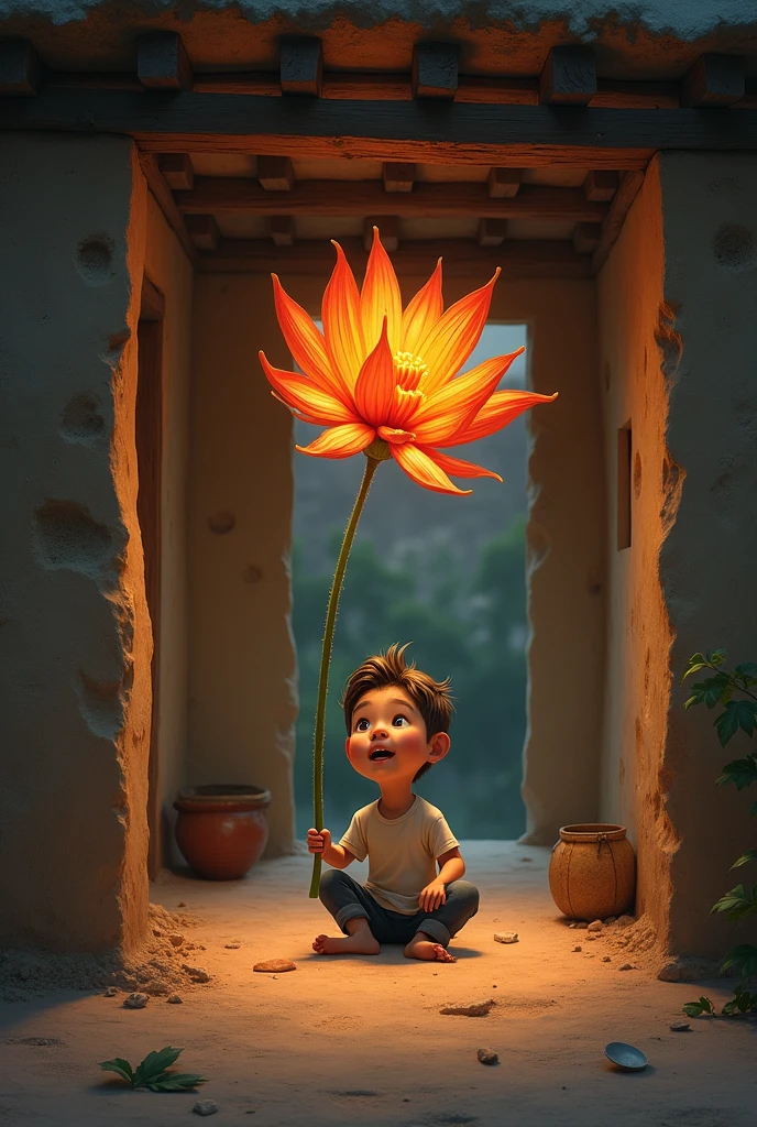 In a modest, dimly lit room of a clay house, the small boy draws a flower on a piece of paper. As he finishes, the flower materialises in front of him, vibrant and alive. His expression is one of amazement, with the flower's colours contrasting with the dull surroundings