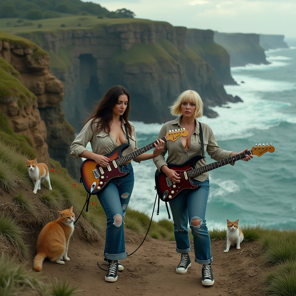 A super long shot photo taken by a drone of two very beautiful and glamorous white women, ages 30 and 34, strumming Gibson guitars while completely naked on a cliff-like coastline.、Rough sea and grassland on cliff、A scene from a promotional video clip showing the plump, sexy girls strumming electric guitars.、She is shouting naked with her long hair flying.、Two large Marshall amps、A lot of wiring on the ground、Full body image from head to toe,very glamorous figure,dark Brunette straight long hair and shiny blonde short bob hair,Very large, pendulous breasts、Large sagging breasts that sway、a perfect glamorous mature woman's proportions、super realistic mature's body and skin,very huge sagging Breasts,very glamorous sexy plump naked women,Two mature musicians in stunning aerial shots by a professional photographer、A long shot of them looking tiny like grains of rice.、stray cat、Hair blowing in the strong wind、Seabirds、Spectacular natural scenery、Raging waves crashing against the rocks、Dangerous Rias Coast、The girls playing、They、だらしなく着ているネルshirtとビッグＴshirt、Distressed denim and black Converse sneakers、Female version of Kurt Cobain NIRVANA