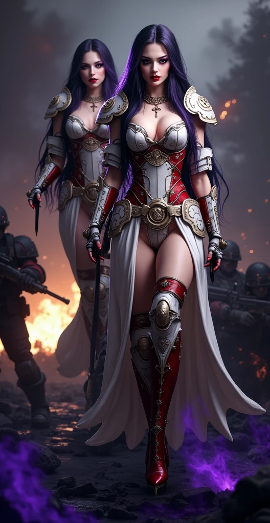 Masterpiece, Best Quality, Official Art, (Highly Detailed CG Unity 8k wallpaper), Detailed background, (Hands by Guido Daniele: 1.1). Full body pose sexy sisters of battle from the warhammer 40k, shooting at the enemy, white armor with intricate details, red armor with intricate details, religous symbols on the armor, sisters of battle, warhammer 40k, Massive silicone breast, pale skin, seductive, temptation, eat your soul, clevage, long flowing black hair with purple highlights, heavy gothic makeup, at night, neon, beautiful detailed eyes, beautiful detailed lips, extremely detailed eyes and face, long eyelashes, highly detailed armor, intricate futuristic weaponry, dramatic lighting, cinematic composition, muted color palette, gritty and realistic, mecha, science fiction, hyper-detailed, photorealistic, award winning digital art, 8k, HDR, masters work, in the middle of a battle field, full body combat action pose, explosions and fire around, full war, stunning, Stilleto heels, high heels, full body pose, cinematic, movie trailer, final stand!, nemesis, ready to strike, dust and debree, combat screams, attacking, shooting at the enemy, running forward, last line of defense, charging, fanatic, religious, templar knights, sisters of battle, warhammer 40k