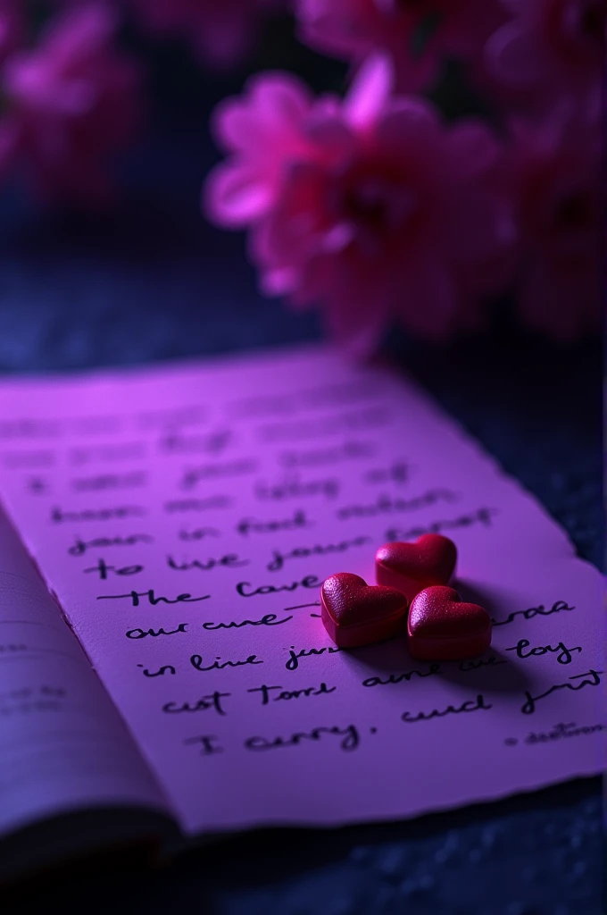 A letter next to heart-shaped pills with purple light