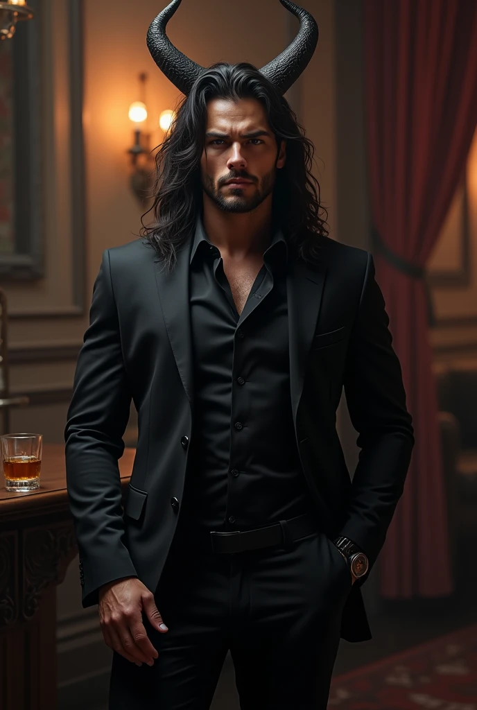 Jeune homme beau et musclé, costard 3 pièces noir, beaux cheveux longs et noir, grandes cornes, whisky à la main