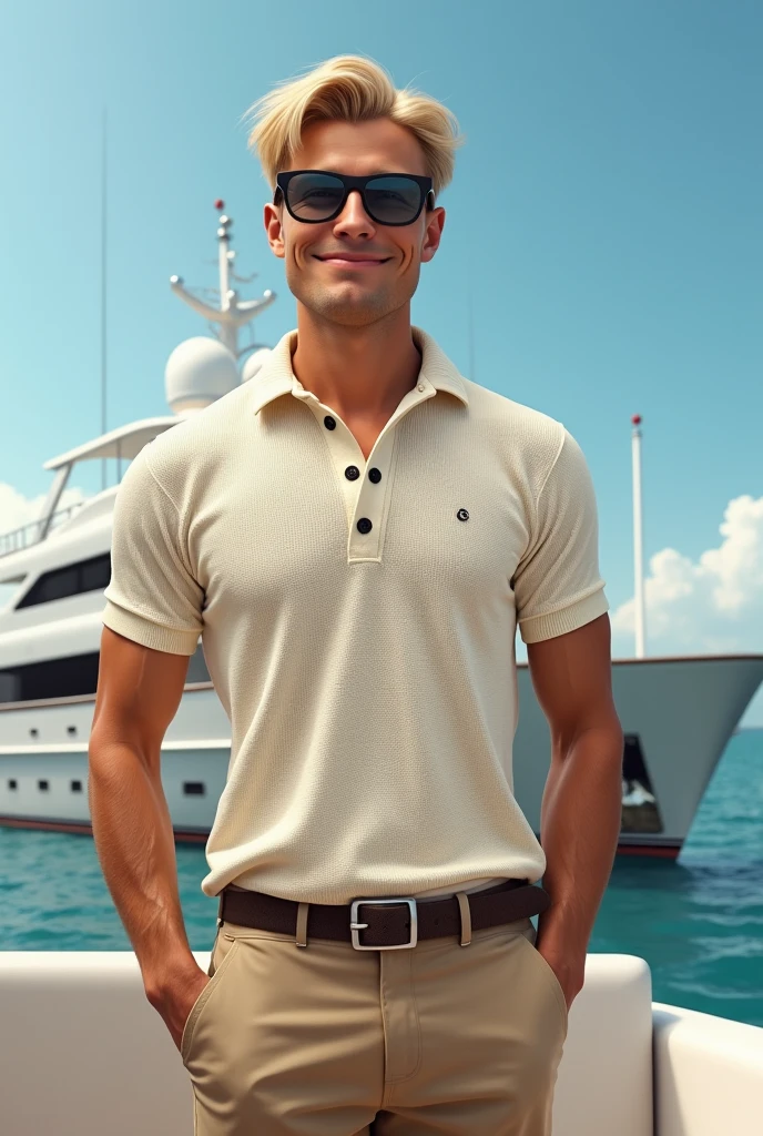 Make him ugly. Create an image of a yacht owner wearing a cream knit polo with All the buttons buttoned up and khaki pants. Make him look young and looking straight in the camera with sunglasses. Make the top button buttoned up and make his blonde with a cheesy smile. Show his whole body and yacht. Make the shirt tucked in witha. Belt. Make him reallly reallly ugly
