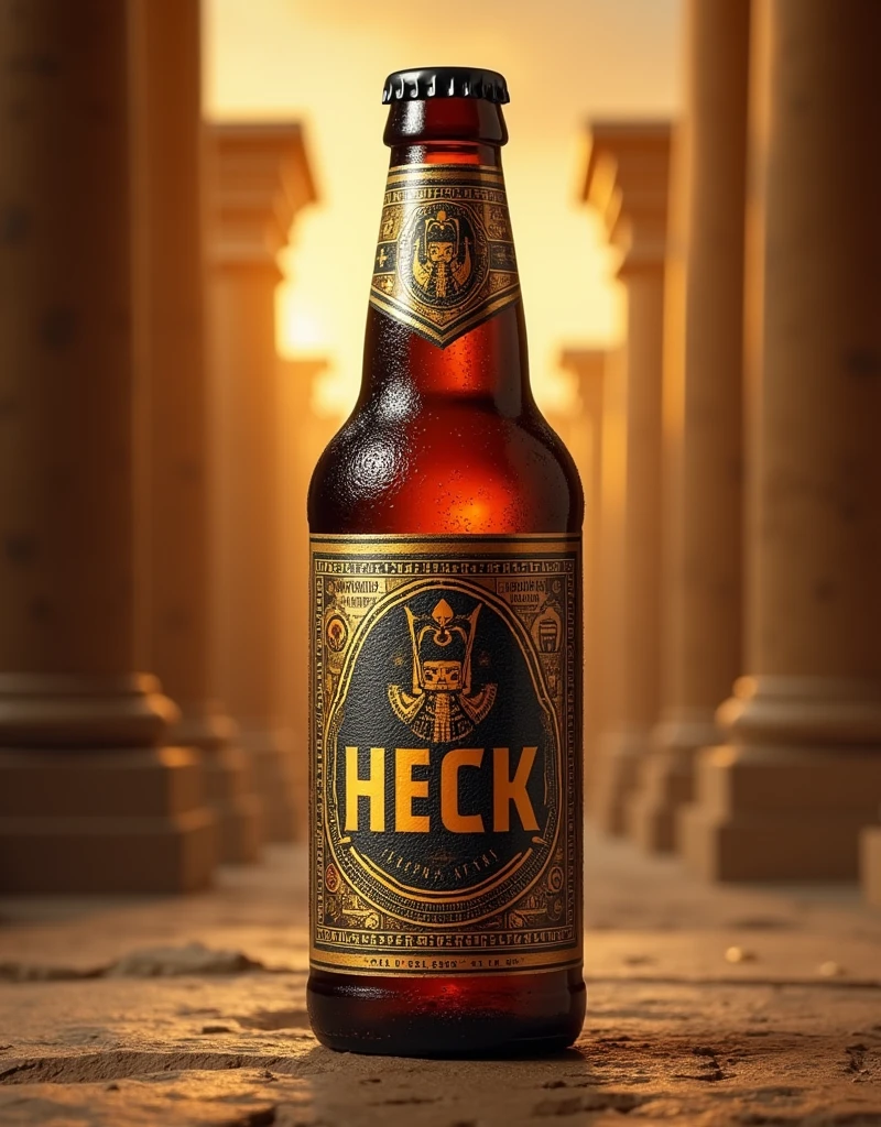 Egyptian themed beer bottle with the name "HECK"