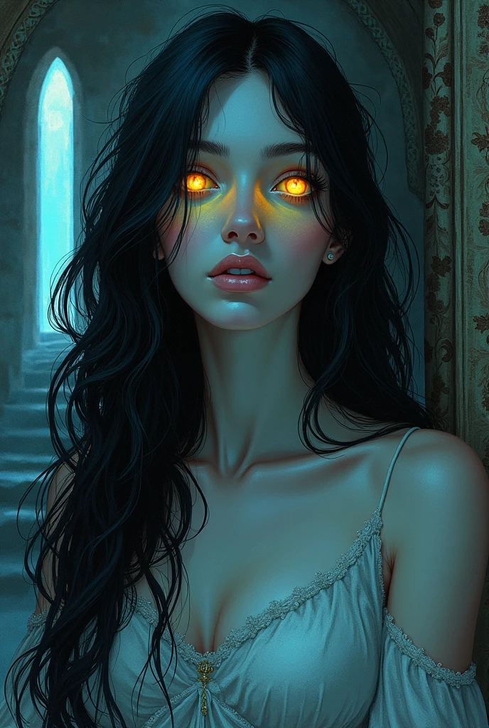 beautiful woman, For the blue, illuminated yellow eyes, medieval sketch style