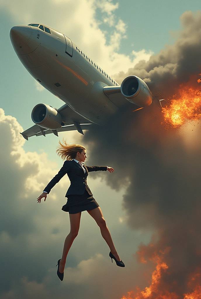 blonde woman with short hair in a flight attendant outfit falling out of a plane in mid-flight and large plane catching fire in the back without a part of the tail