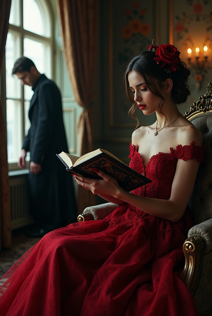 young beautiful woman with tan skin in red gothic dress in an old mansion reading a book and in the window there is a beautiful man vampire watching her