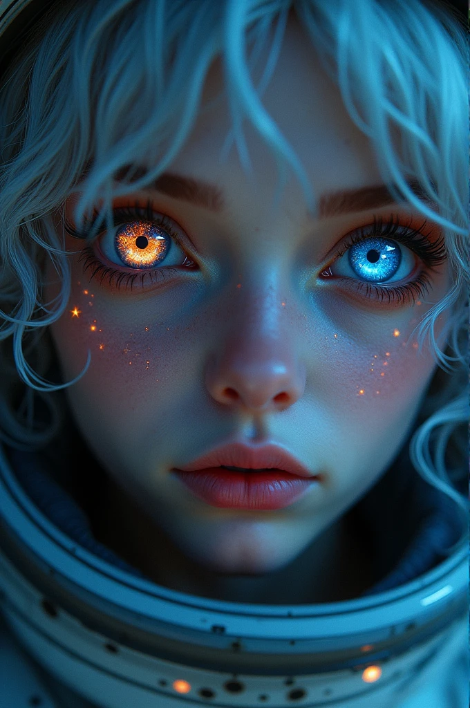 (Close-up of a better masterpiece:1.5)0.9], (Space and astronauts:1.2) (Messy silver hair:1.1) (Heterochromia xanthochromia and blue eyes:1.2) (Space Helmet:1.0) (Colored stars in the eyes:1.0) (A radiant glow:1.1) (thick lips:0.9)