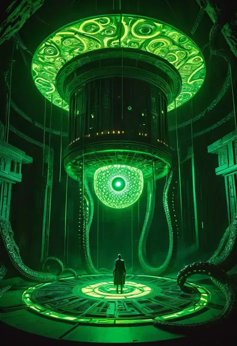 a gigantic floating cuboid structure with dark, twisting tentacles, radiating an intense green light from the circular patterns ...