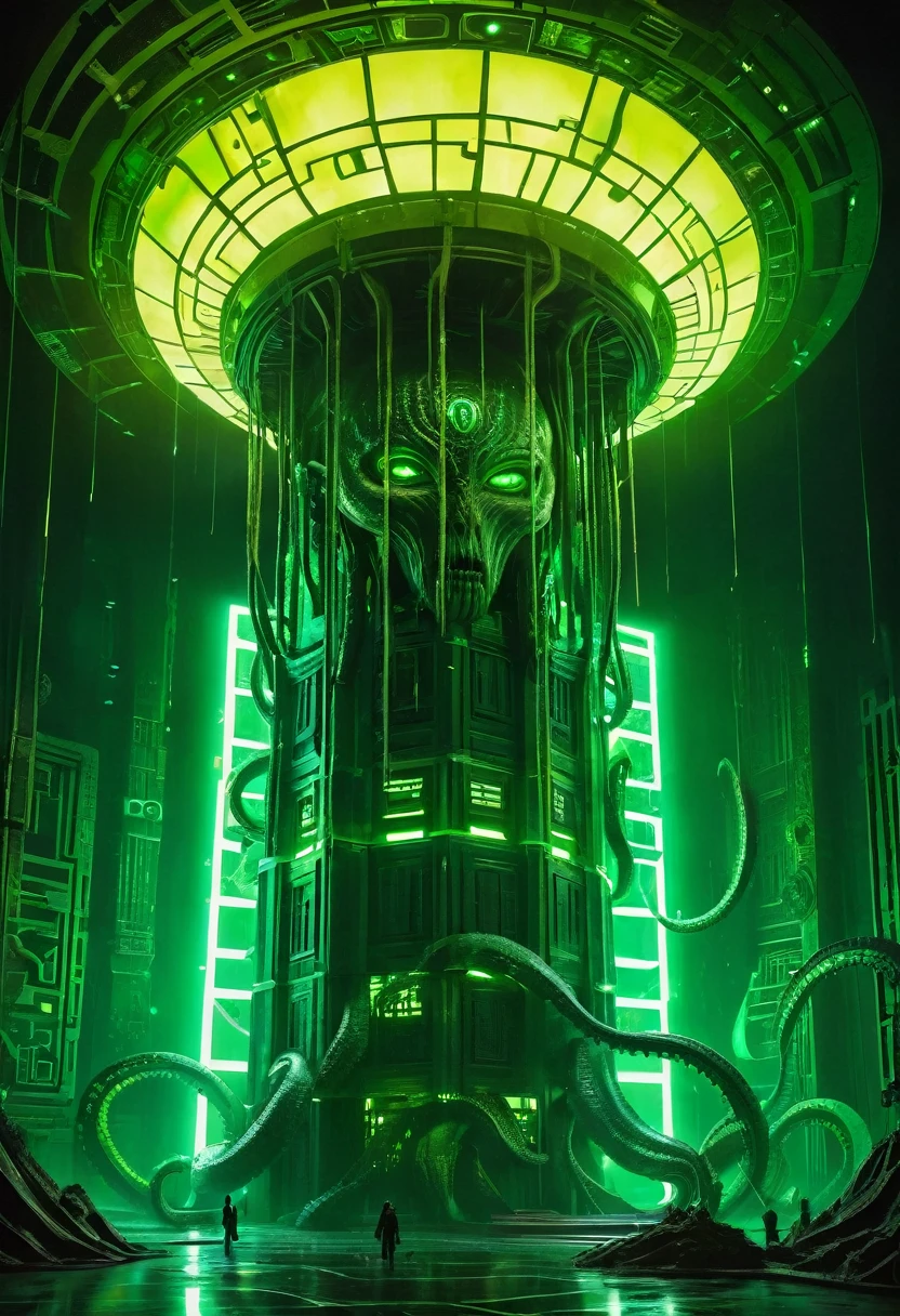 A gigantic floating cuboid structure with dark, twisting tentacles, radiating an intense green light from the circular patterns and eyes with illuminated symbols embedded in their faces. The scene has a dark and futuristic atmosphere., with a greenish-yellow lighting that envelops the entire space, full of geometric shapes and blocks suspended in the air. Two tiny, zombified figures appear to be wandering in front of this monstrous entity., highlighting its colossal scale. The atmosphere is oppressive and mysterious., as if the place were a prison or a temple of some cosmic deity. The style is a combination of science fiction and cosmic horror, with intricate details and a sense of alien grandeur.