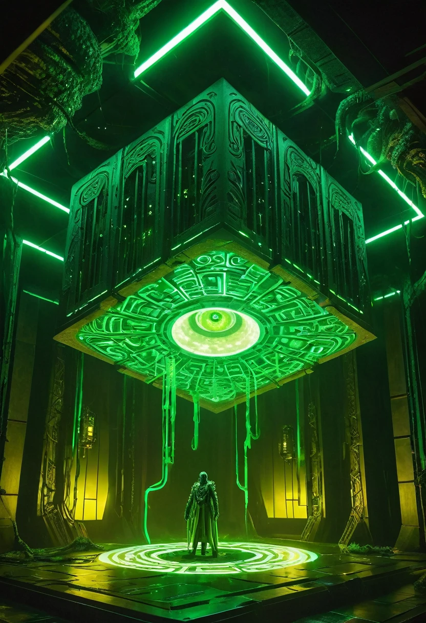 A gigantic floating cuboid structure with dark, twisting tentacles, radiating an intense green light from the circular patterns and eyes with illuminated symbols embedded in their faces. The scene has a dark and futuristic atmosphere., with a greenish-yellow lighting that envelops the entire space, full of geometric shapes and blocks suspended in the air. Two tiny, zombified figures appear to be wandering in front of this monstrous entity., highlighting its colossal scale. The atmosphere is oppressive and mysterious., as if the place were a prison or a temple of some cosmic deity. The style is a combination of science fiction and cosmic horror, with intricate details and a sense of alien grandeur.