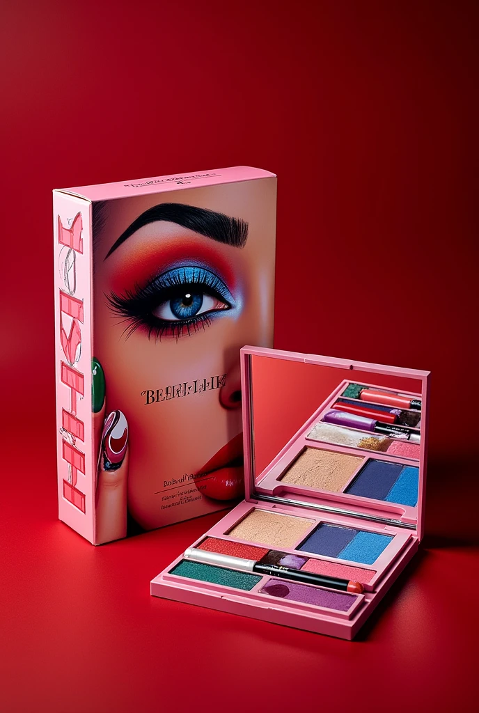 Make a makeup kit,which contains an eye shadow palette, which will have the following colors and names: red- Diablo, Rosa con Guitter- Condy, red con Guitter- Saoko, Vino-motomami and also that the kit includes a line of inks with the colors, red, fiusha and that this is a product of the Benefit brand in collaboration with Rosalía ( Singer )
Let the collaboration be noticed, that has a red background, Let the Benefit brand and the 4 colors I showed you before be noticed , uno que muestre solo el producto pero que se note que es de Rosalía Singer por sus colores y cosas como nombres de sus canciones 