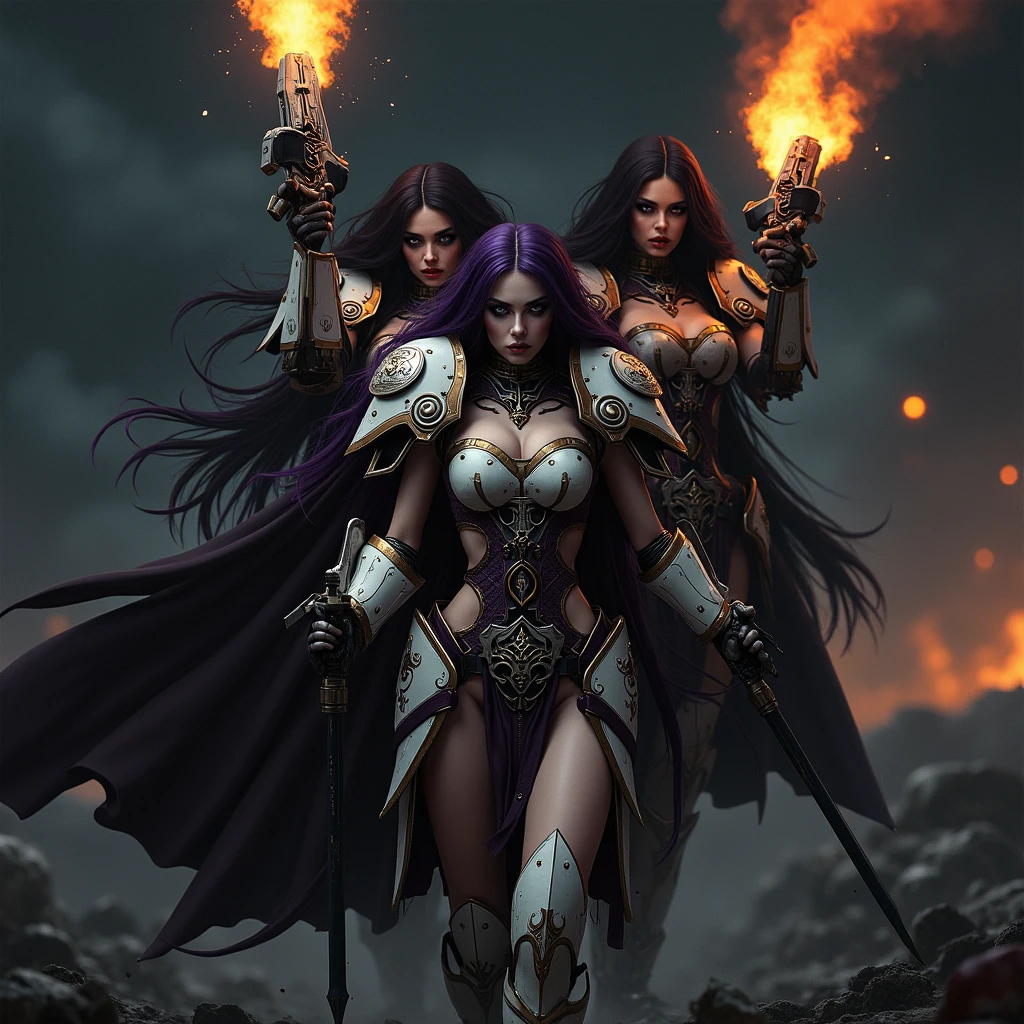 Masterpiece, Best Quality, Official Art, (Highly Detailed CG Unity 8k wallpaper), Detailed background, (Hands by Guido Daniele: 1.1). Full body pose sexy sisters of battle from the warhammer 40k, shooting at the enemy, white armor with intricate details, red armor with intricate details, religous symbols on the armor, sisters of battle, warhammer 40k, Massive silicone breast, pale skin, seductive, temptation, eat your soul, clevage, long flowing black hair with purple highlights, heavy gothic makeup, at night, neon, beautiful detailed eyes, beautiful detailed lips, extremely detailed eyes and face, long eyelashes, highly detailed armor, intricate futuristic weaponry, dramatic lighting, cinematic composition, muted color palette, gritty and realistic, mecha, science fiction, hyper-detailed, photorealistic, award winning digital art, 8k, HDR, masters work, in the middle of a battle field, full body combat action pose, explosions and fire around, full war, stunning, Stilleto heels, high heels, full body pose, cinematic, movie trailer, final stand!, nemesis, ready to strike, dust and debree, combat screams, attacking, shooting at the enemy, running forward, last line of defense, charging, fanatic, religious, templar knights, sisters of battle, warhammer 40k