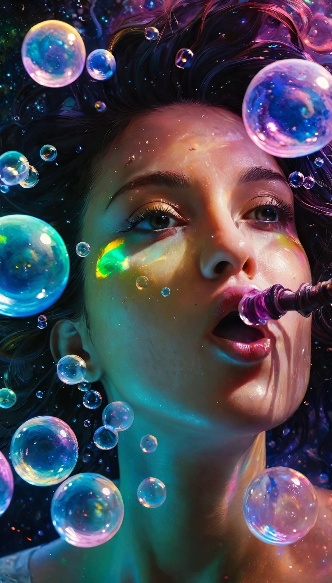 female alien Alyssa Monks, Beautiful, Blowing lots of bubbles out of her mouth, looks like lots of galaxy star nebula inside many glass a balls Neon, Colorful, Bioluminescent, Hyperdetailed, Detailed, Entangled, Entangled, Whimsical, Fantasy Art, Colorful, Complex, Behance Hd artstation, sharp focus, studio photo, intricate details, highly detailed, by greg rutkowski, outer space, vanishing point, super highway, high speed, digital render, digital painting, beeple, noah bradley, cyril roland, ross tran, trending on artstation