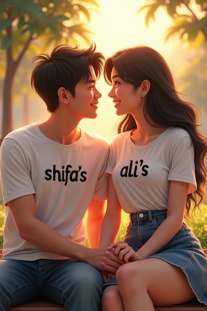 A men wearing a white t shirt with a text on his tshirt " shifa's" and a women in a white tshirt and denim skirt, with a text on her tshirt "ali's" , holding eachothers hand and looking at eachother eyes with love , sitting on bench