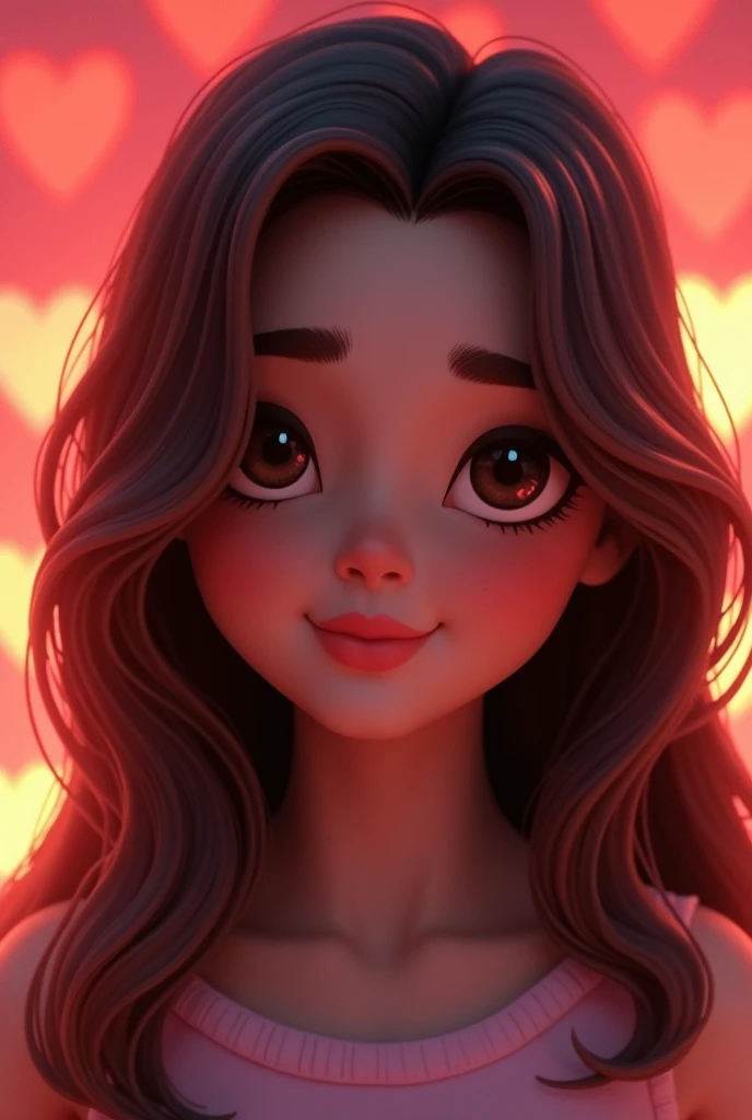 I want a character for my roblox channel with the following characteristics: ,brown dark eyes,black or brown hair,skin fair,heart background