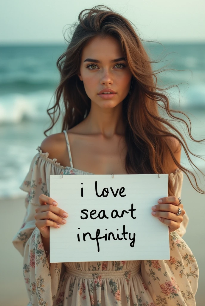 Beautiful girl with wavy long hair, bohemian dress, holding a white board with text "I Love Seaart Infinity" and showing it to the viewer