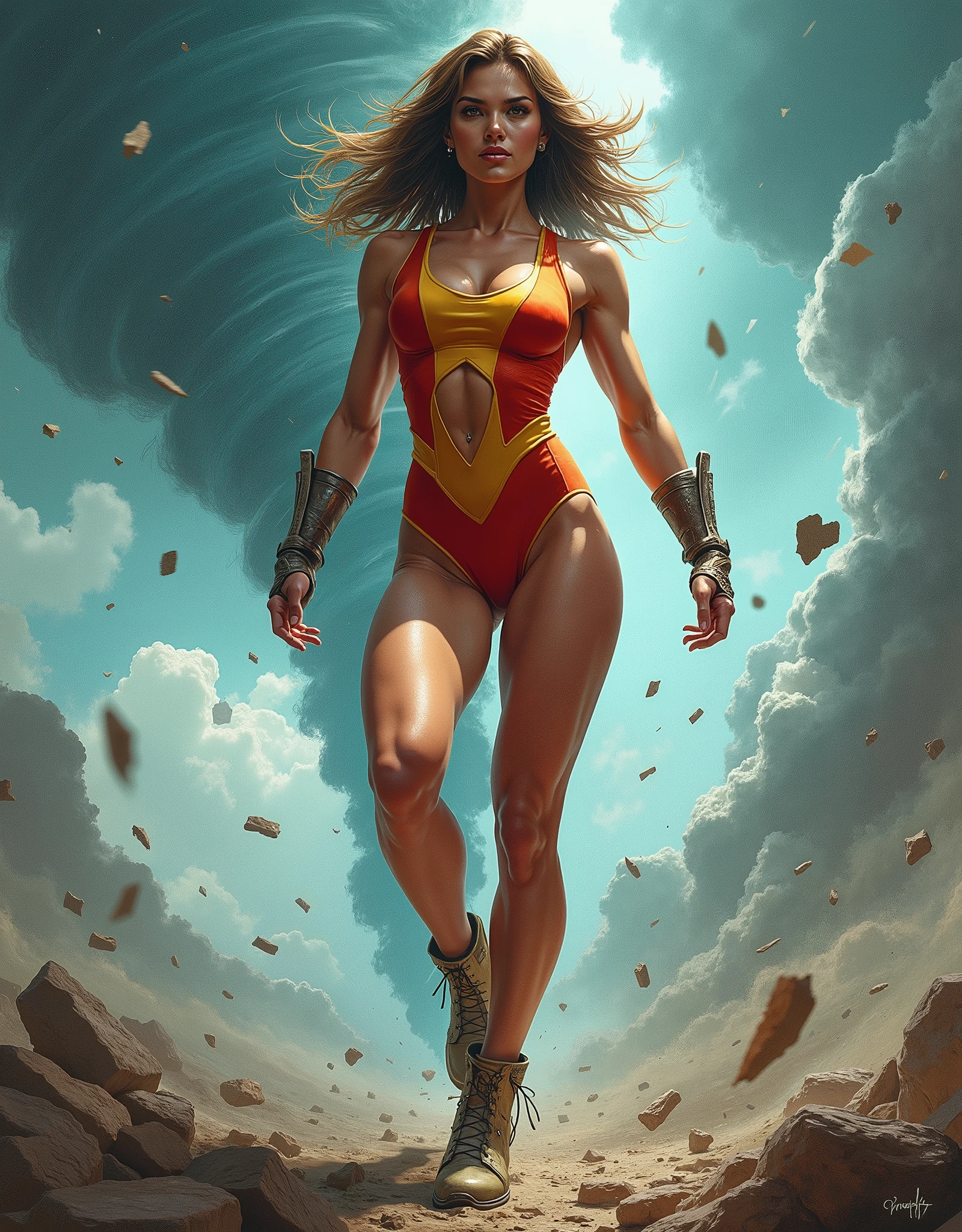 Draw a female superhero in a leotard, bare legs, and boots spinning into a tornado.